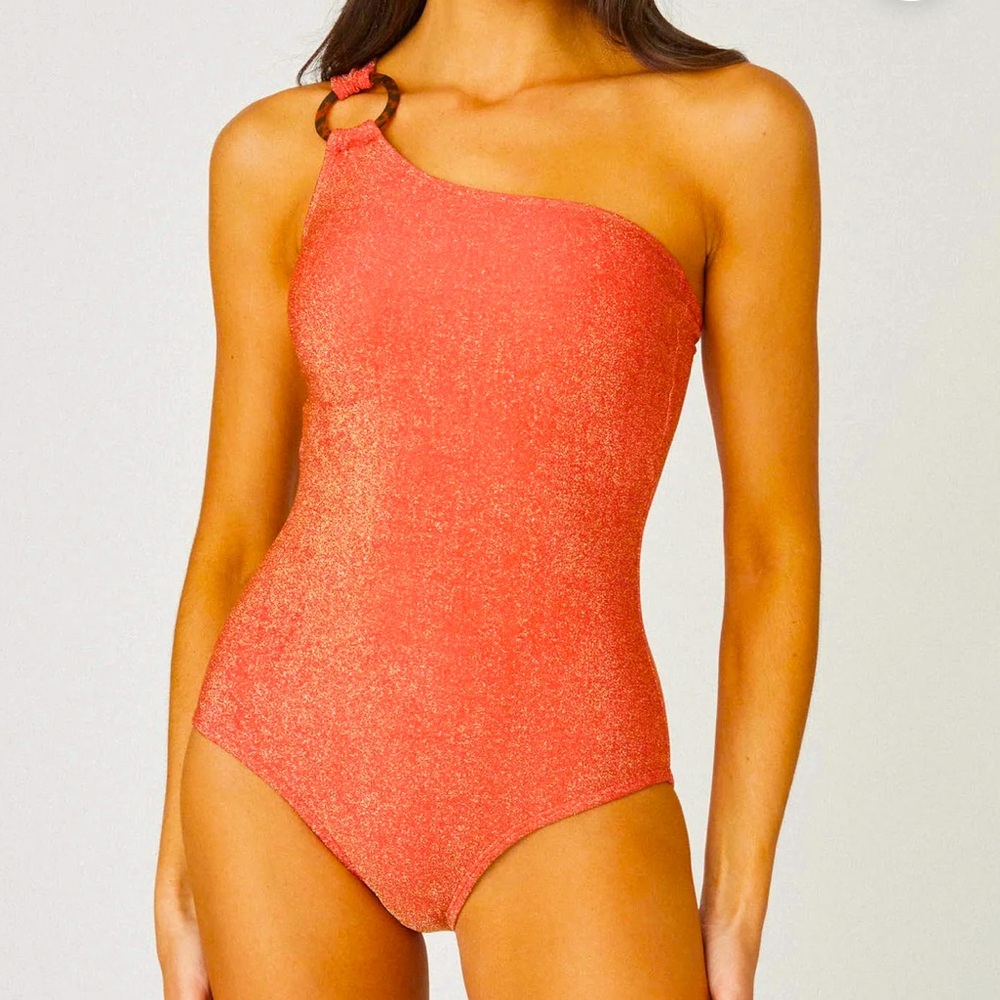 SHOSHANNA Asymmetrical Hot Coral Shimmer Ring One Piece Swimsuit--12